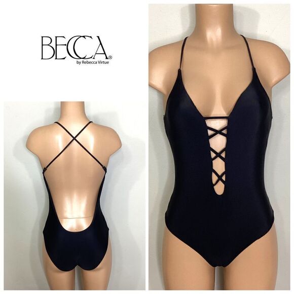 New. BECCA black plunge neck swimsuit. Small - Picture 1 of 14